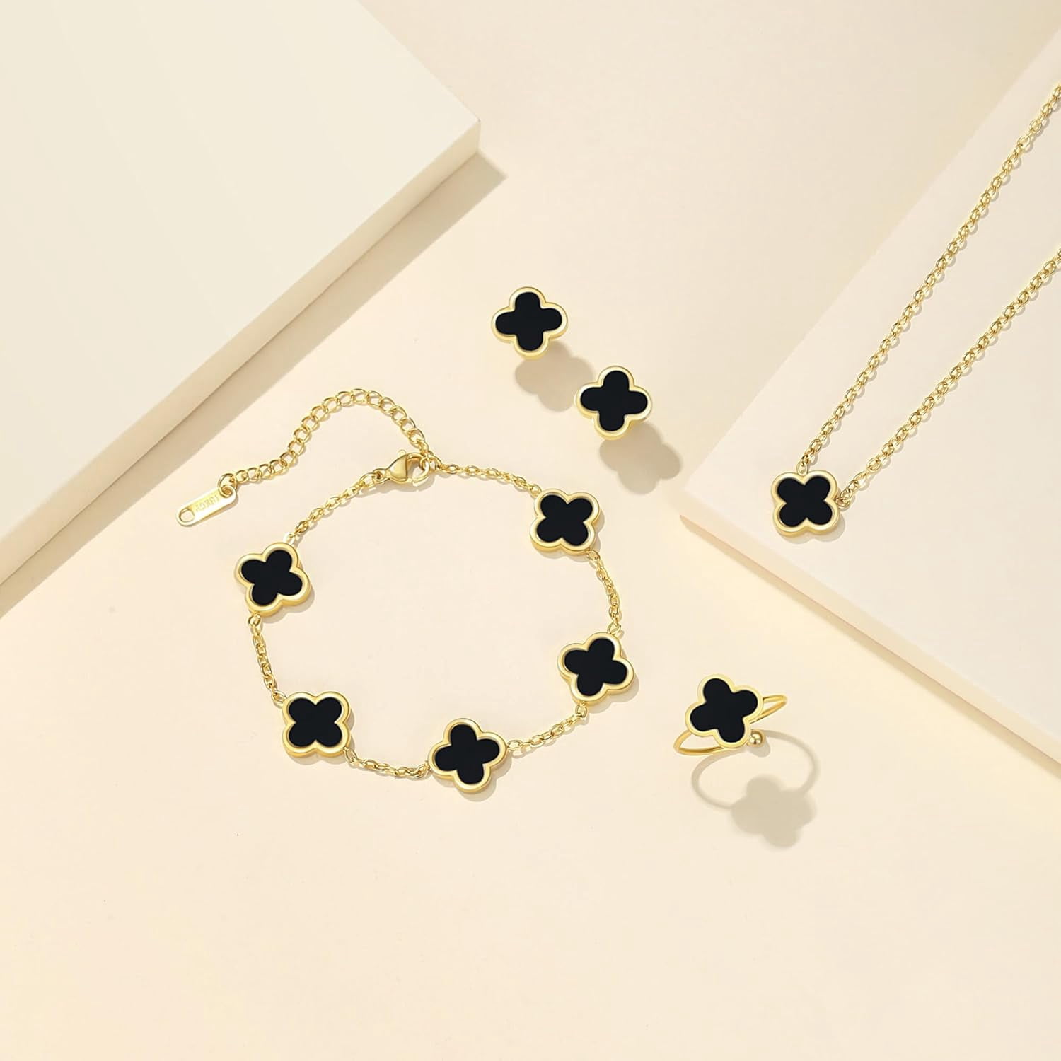 18K Gold Plated Clover Bracelet Set for Women White/Black/Gold/Silver/Green/Pink Adjustable Link Double-Sided Lucky Bracelets Trendy Bracelets Set Jewelry Gifts for Women Men
