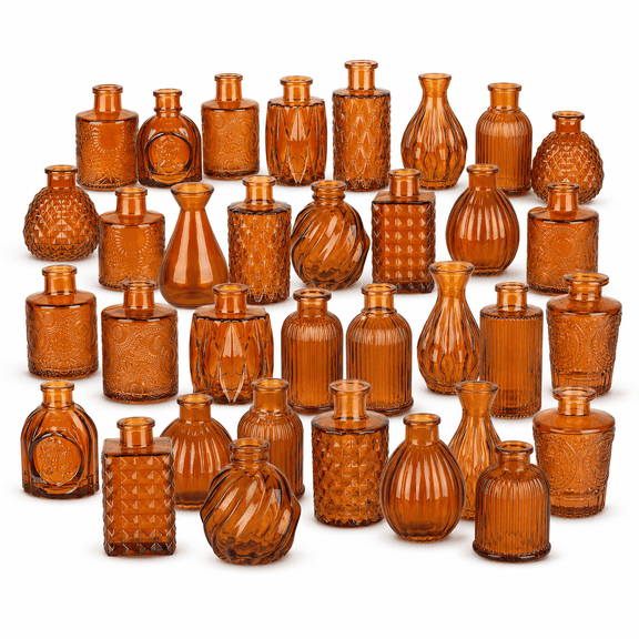 Brown Glass Bud Vases Set of 36, Assorted Amber Mini Flower Vases for Centerpieces, Vintage Small Glass Vases in Bulk for Wedding, Reception, Table and Home Decor