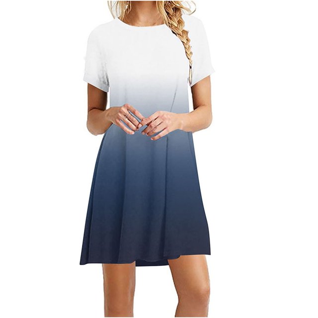 Ersazi Robe pour Femmes 2023 Mode pour Femmes Col Rond Chandail à Enfiler avec Manches Courtes Imprimées Décontractée Ample Longueur Genou en Liquidation Bleu G
