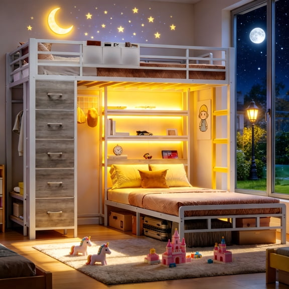 Torveric Bunk Bed Twin Over Twin with Storage Hall Tree and LED Shelves & Drawers Full-length Guardrail & Ladder White Maximize Space Saving Small Bedroom Furniture