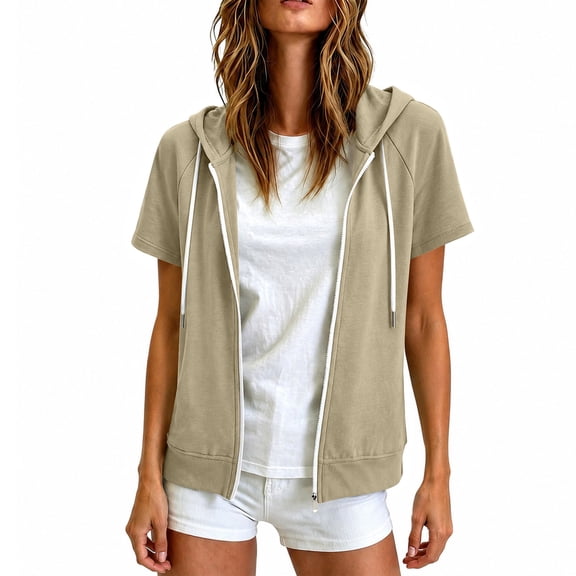 BODOAO Zip Up Hoodies for Women Short Sleeve Lightweight Hooded Sweatshirt with Drawstring and Side Pockets, Casual Summer Jacket for Travel Outdoor Layering Beige L