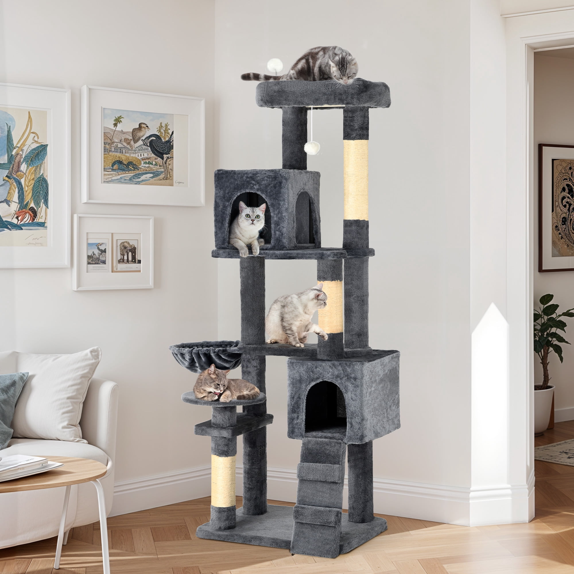 ModFusion Deluxe Multi-Level Cat Tree Tower with Scratching Posts, Hammock, and Condos - 70.8" Tall, Dark Gray