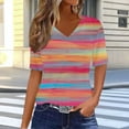 thumbnail image 2 of Summer Tops for Women V Neck Striped T Shirts Colorblock Trendy Casual Short Sleeve Base Graphic Tees Plus Size (M, Hot Pink), 2 of 7