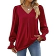 thumbnail image 3 of Fangasis Ladies Blouse Solid Color Tops V Neck Shirts Women Comfy Tunic Shirt Loose Work Claret XL, 3 of 6
