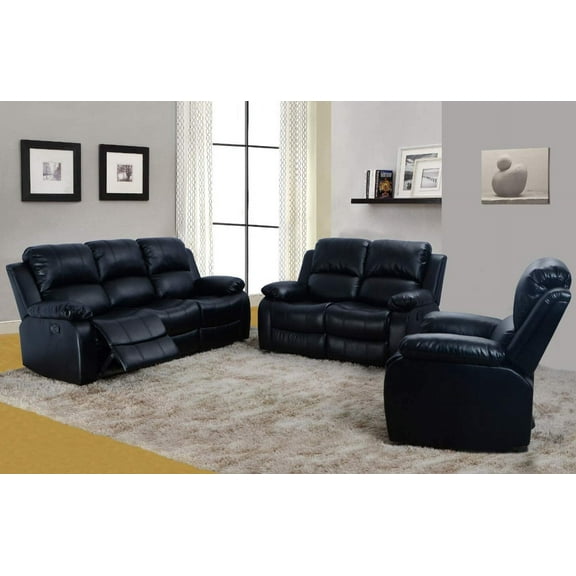 PonLiving Furniture 3-Pieces Reclining Living Room Sofa Set,Bonded Leather,Black Lifestyle Furniture 3-Pieces Reclining Living Room Sofa Set,Bonded Leather,Black