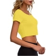 thumbnail image 4 of VSSSJ Crop Tops pour Femmes Manches Courtes Col Rond Extensible Chemise Décontractée Ajustée Solide Confortable Été Basique T-Shirts Courts Jaune Taille Unique, 4 of 5