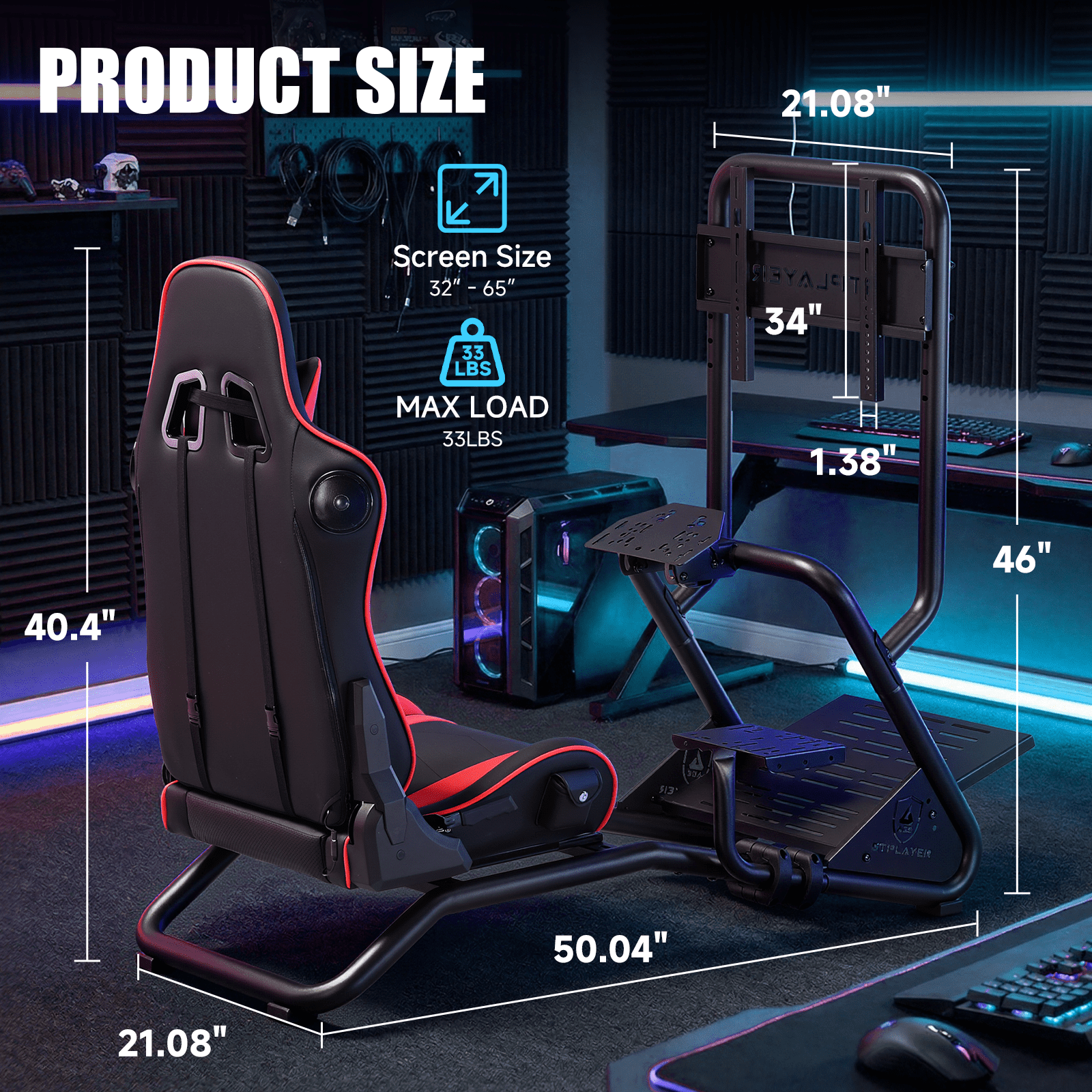 GTPLAYER Racing Simulator Cockpit with Monitor Stand, Racing Style Reclining Seat with Bluetooth Speakers, Red