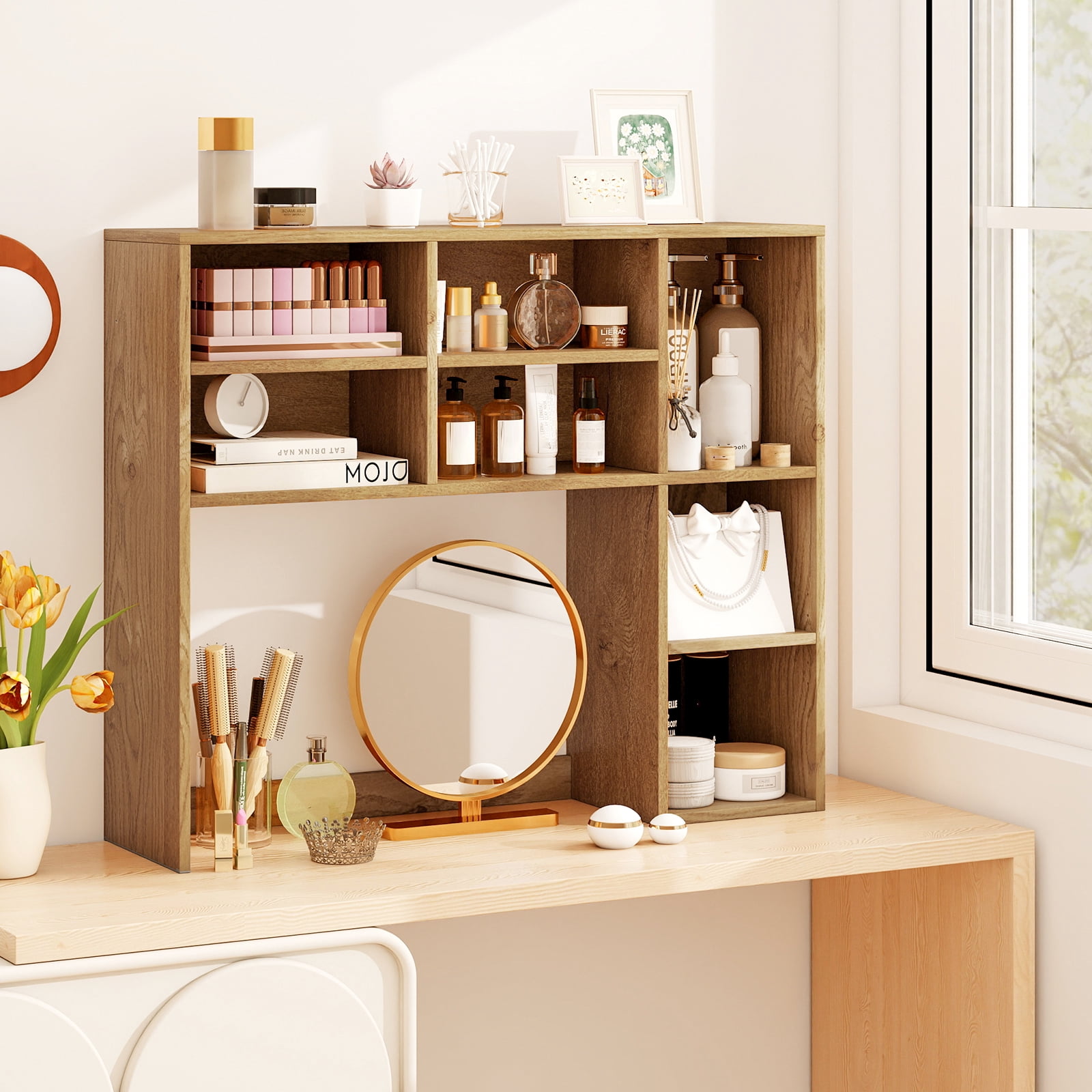 Topbuy Desktop Bookshelf 37" Countertop Storage Hutch with 7 Cubes & 3 Adjustable Shelves 3-Tier Desk Display Rack Organizer Desktop Hutch Natural