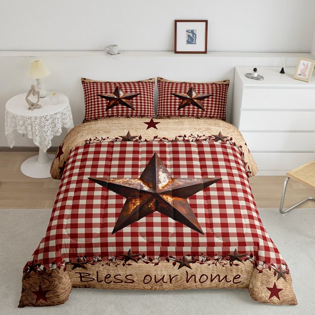 Erosebridal Ensembles de Couette Étoiles du Texas Format Simple, Couettes et Duvets à Carreaux Buffalo Rouges, Décor du Sud-Ouest Respirant 2 Pcs