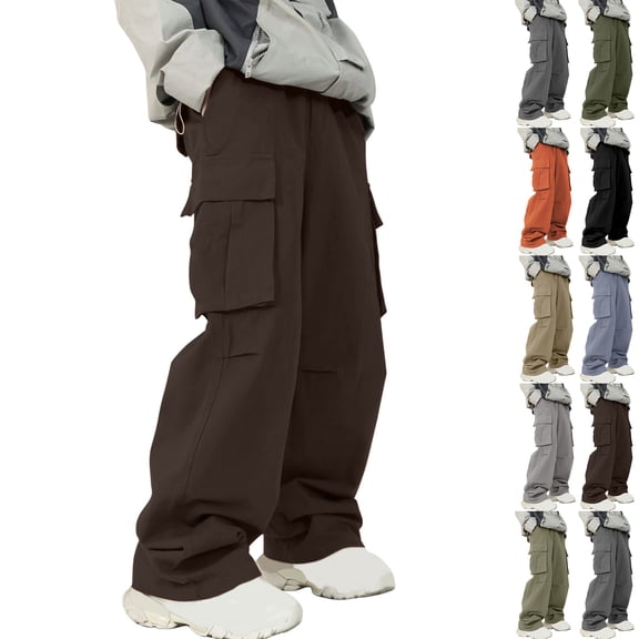 Chiccall Mens Wide Leg Cargo Pants Baggy Drawstring Elastic Waist Multiple Pockets Trousers Fashion Solid Oversized Streetwear for Men