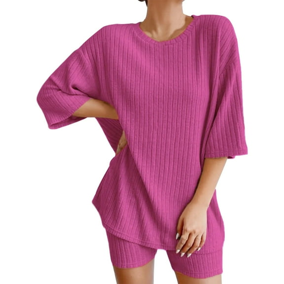 Cotton Women's Pajama Sets 2 Sets Ribbed Knit Pajamas Matching Outfits T Shirt Biker Shorts Sleepwear Sweatsuits, Women Pajama Sets L