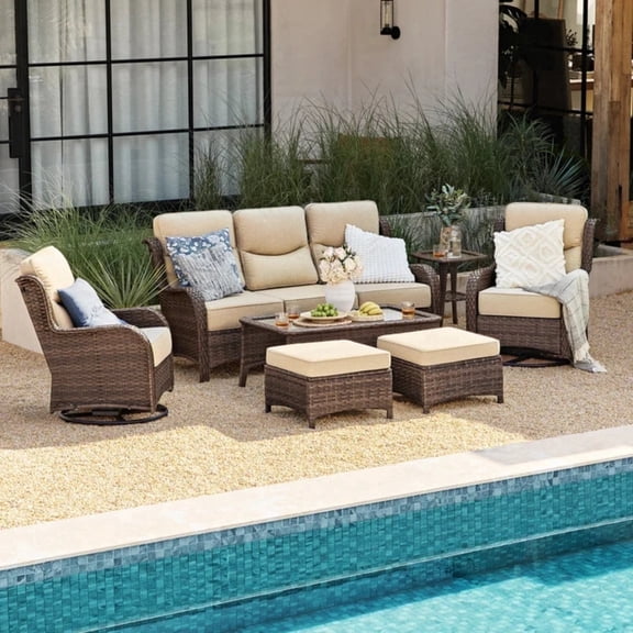 Hillga Outdoor Wicker Patio Furniture Set 3 - Seat Sofa, 2 Swivel Glider Chairs, 2 Ottomans, Coffee Table & Side Table for Backyard,Beige