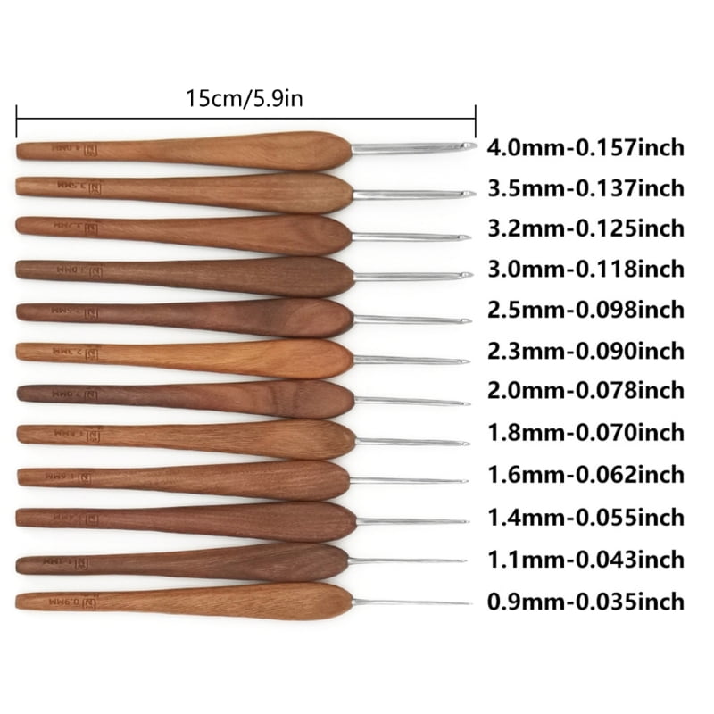 12Pcs Wood Handle Crochet Hook 0.9mm-4.0mm Ergonomic Crochet Needle for Beginner Knitting Crocheting Sweater Scarf Glove
