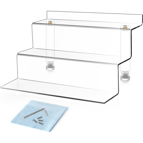 Mocoosy Lot de 2 Étagères Surélevées Transparentes en Acrylique à 3 Niveaux pour Figurines Amiibo Funko POP, Présentoir à Étages Organisateur de Parfums Supports à Cupcakes, Marches Flottantes en Acrylique pour Décoration d'Armoire et de Comptoir