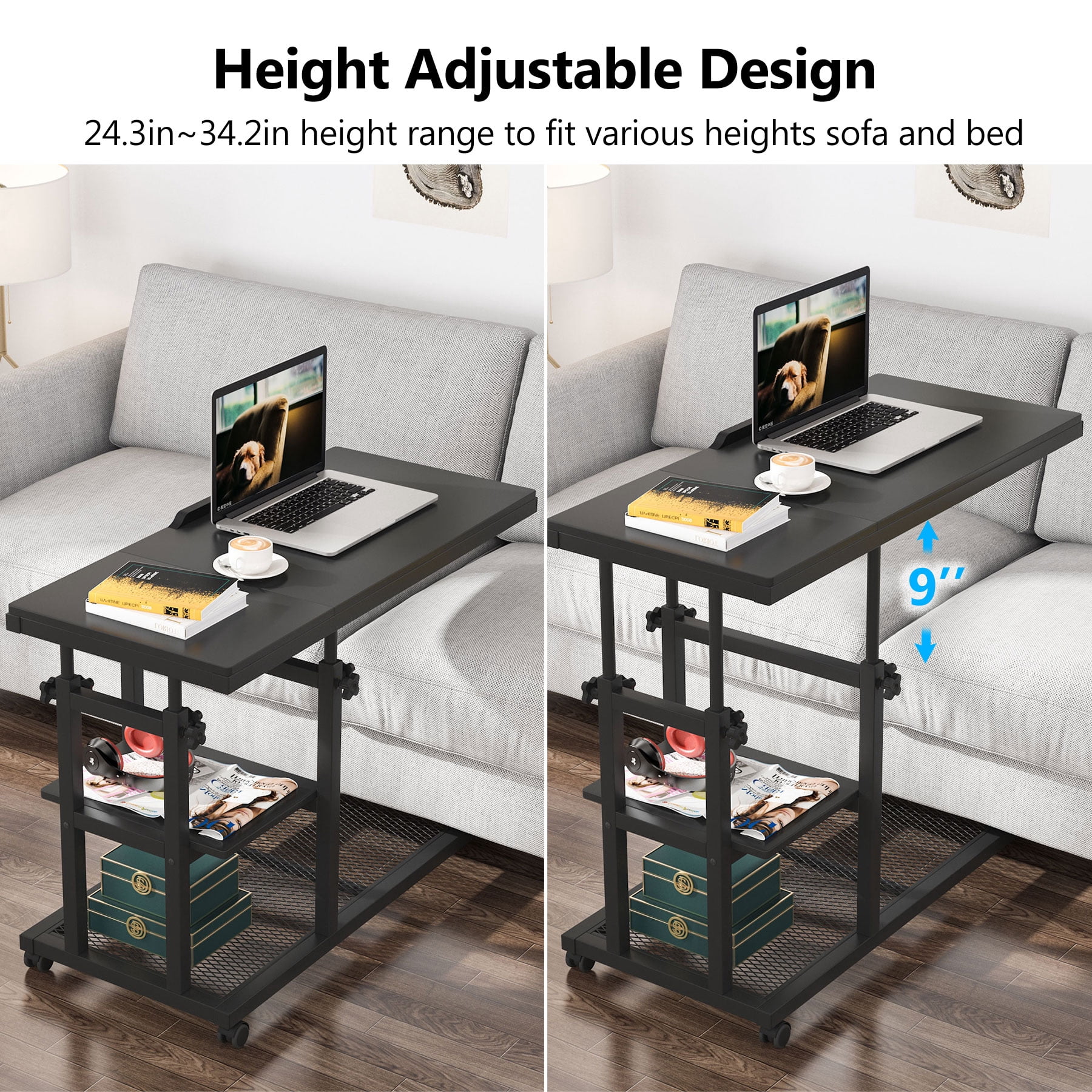 Fnova Mobile Side Table with Wheels, Snack Tray, Height-Adjustable C-Shape Desk, Tiltable Drawing Board, Laptop Stand, Storage Shelves for Living Room, Bedside Table for Couch
