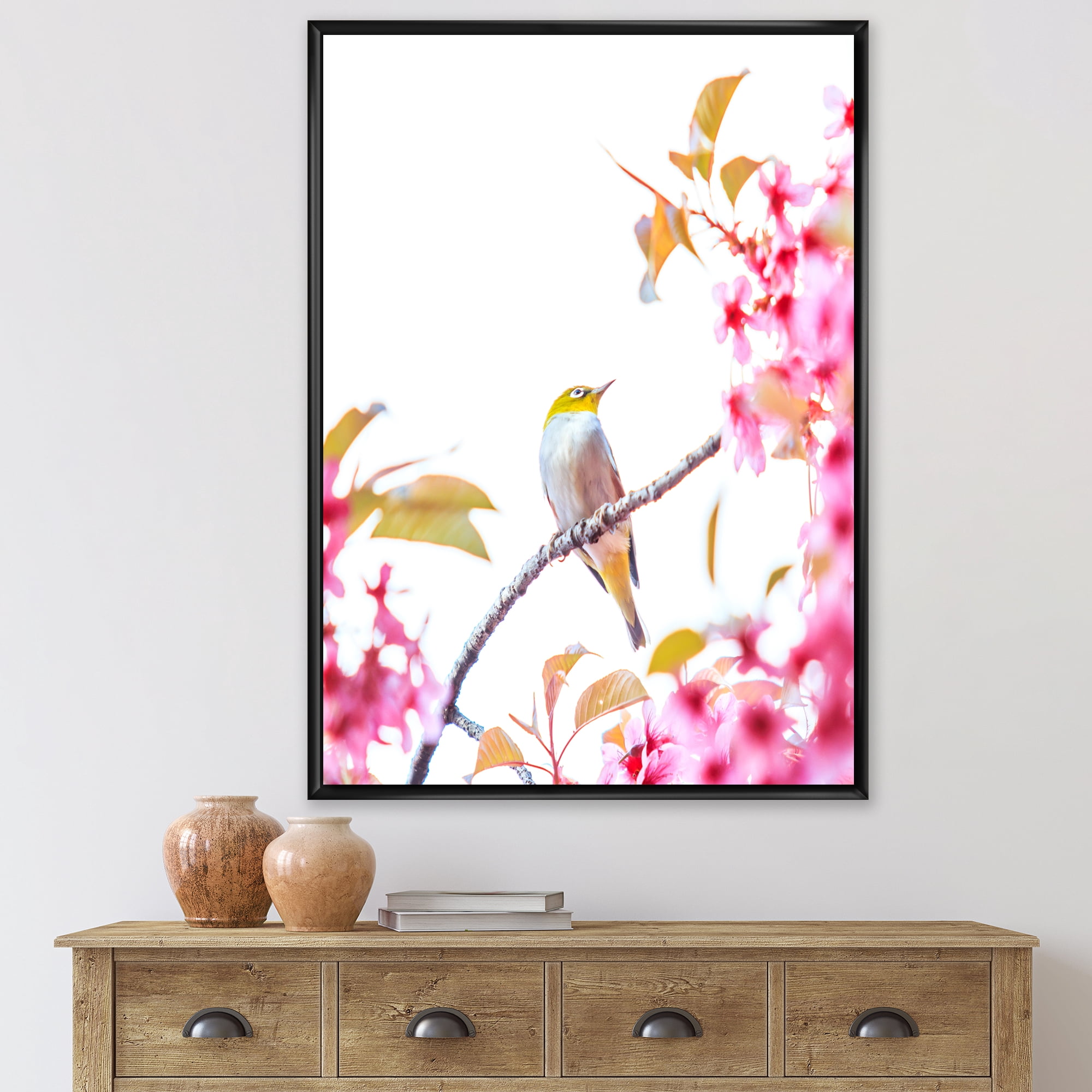 Bird Sitting On Cherry Blossom 16 in x 32 in Framed Painting Canvas Art Print, by Designart