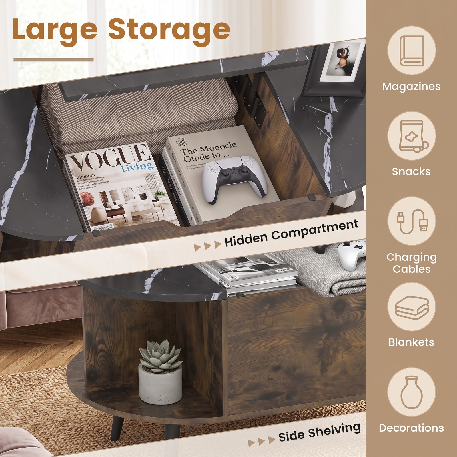 Furnibear Faux Marble Lift Top Coffee Table with Hidden Compartment and Side Shelves, 2-in-1 Rectangle Center Table for Living Room, Engineered Wood & Metal, Black