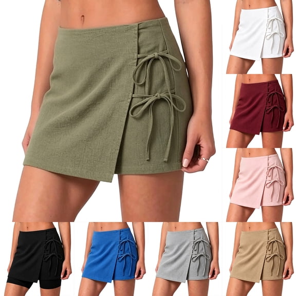 TAGOLD Women Sweat Shorts for Womens Solid Color Linen Wrap Mini Skort Functional Side Storage Pockets Elastic Waist Summer Beach Vacation Bottoms