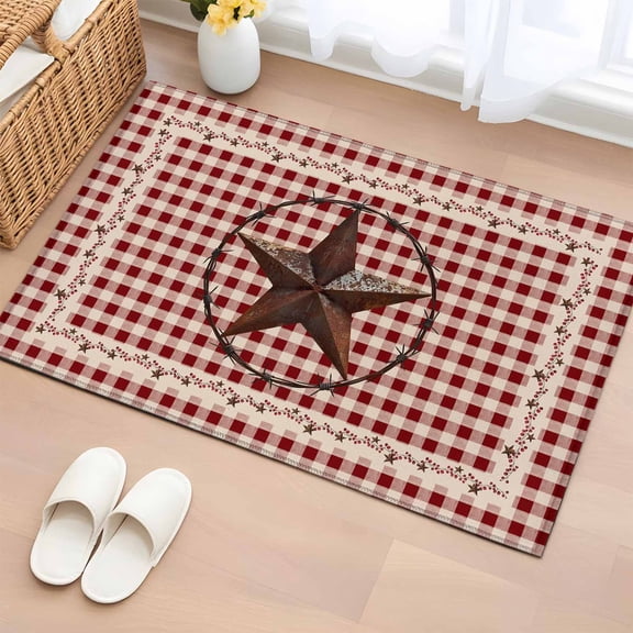 2x3 Ft Entryway Area Rug, Farmhouse Kitchen Rug Runner Washable Floor Mat, Vintage Star Retro Rustic Checked Grid Lodge Non Slip Indoor Door Mat Throw Carpet for Bathroom Living Room Bedroom