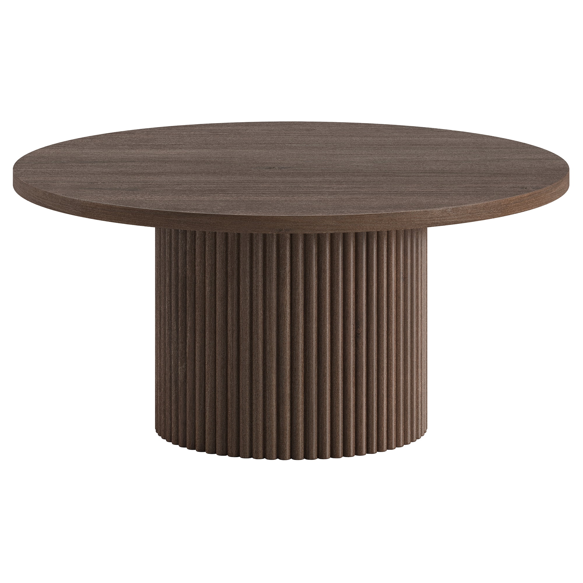Rollan 32" Wide Round Fluted Coffee Table in Brown Oak