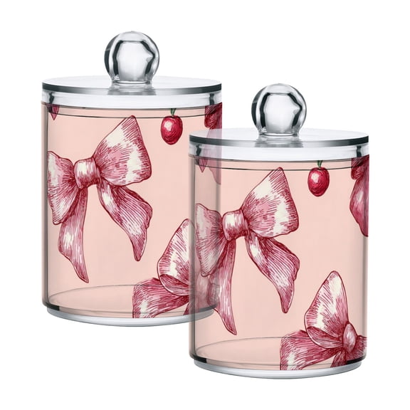 Pink Bows Cherries Hand Drawn Translucent Plastic Cans Storage Canisters with Lid Set of 2