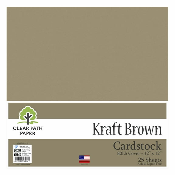 Kraft Brown Cardstock - 12 x 12 inch - 80Lb Cover - 25 Sheets - Clear Path Paper