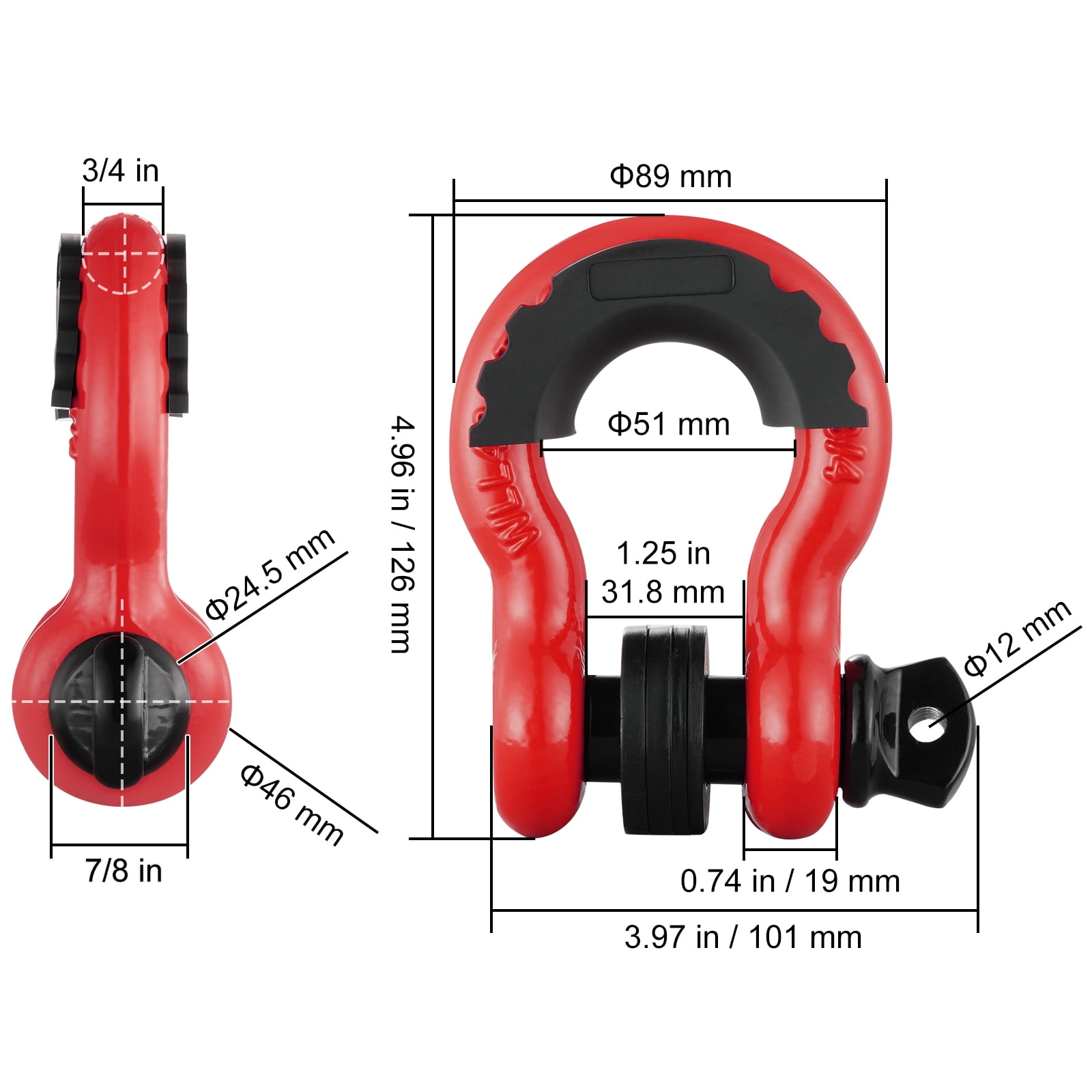 VEVOR 3/4" D-Ring Shackle, 2 Pack Alloy Steel Shackles 62832 lbs (28.5 Ton) Break Strength with 7/8" Screw Pin, Isolators & Washers, Heavy Duty Off Road Vehicle Recovery Shackle for Jeep Truck, Red