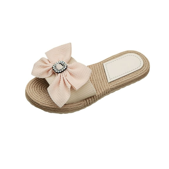 HomeDM Women's Flat Bowknot Sandals Dressy Espadrilles Comfortable Open Toe Slip On Summer Beach Sandals, Beige Size 8.5