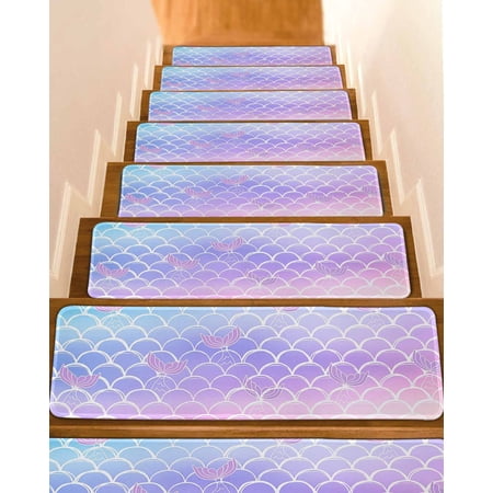 Purple Pink Scale Stair Treads for Wooden Steps Indoor Runner Rug Carpet Gradient Overlay Geometric 15 Pieces Peel and Stick Staircase Step Treads Covers Washable Throw Door Mats 30 x8