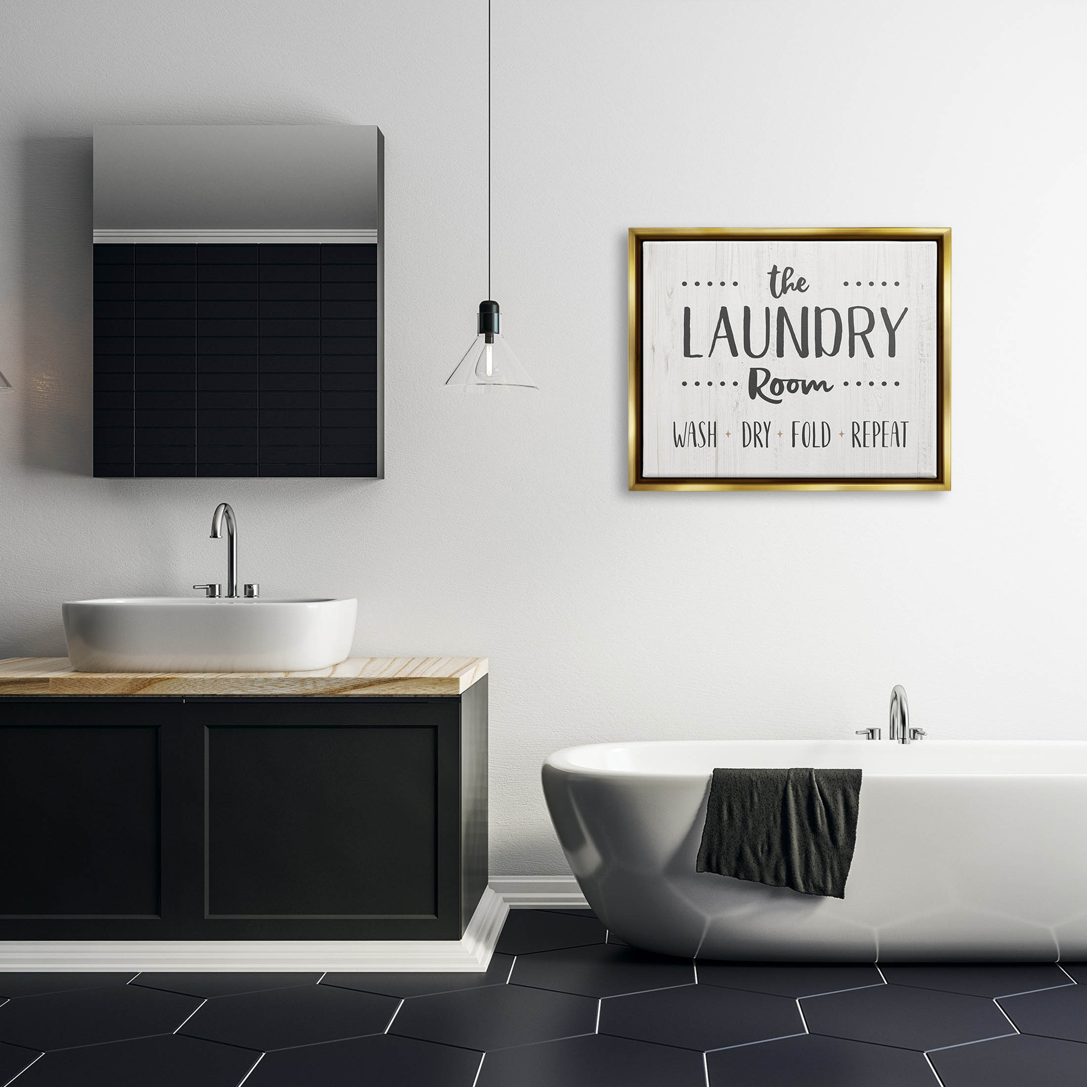 Laundry Room Wash Dry Fold Repeat Typography Graphic Art Metallic Gold Framed Art Print Wall Art