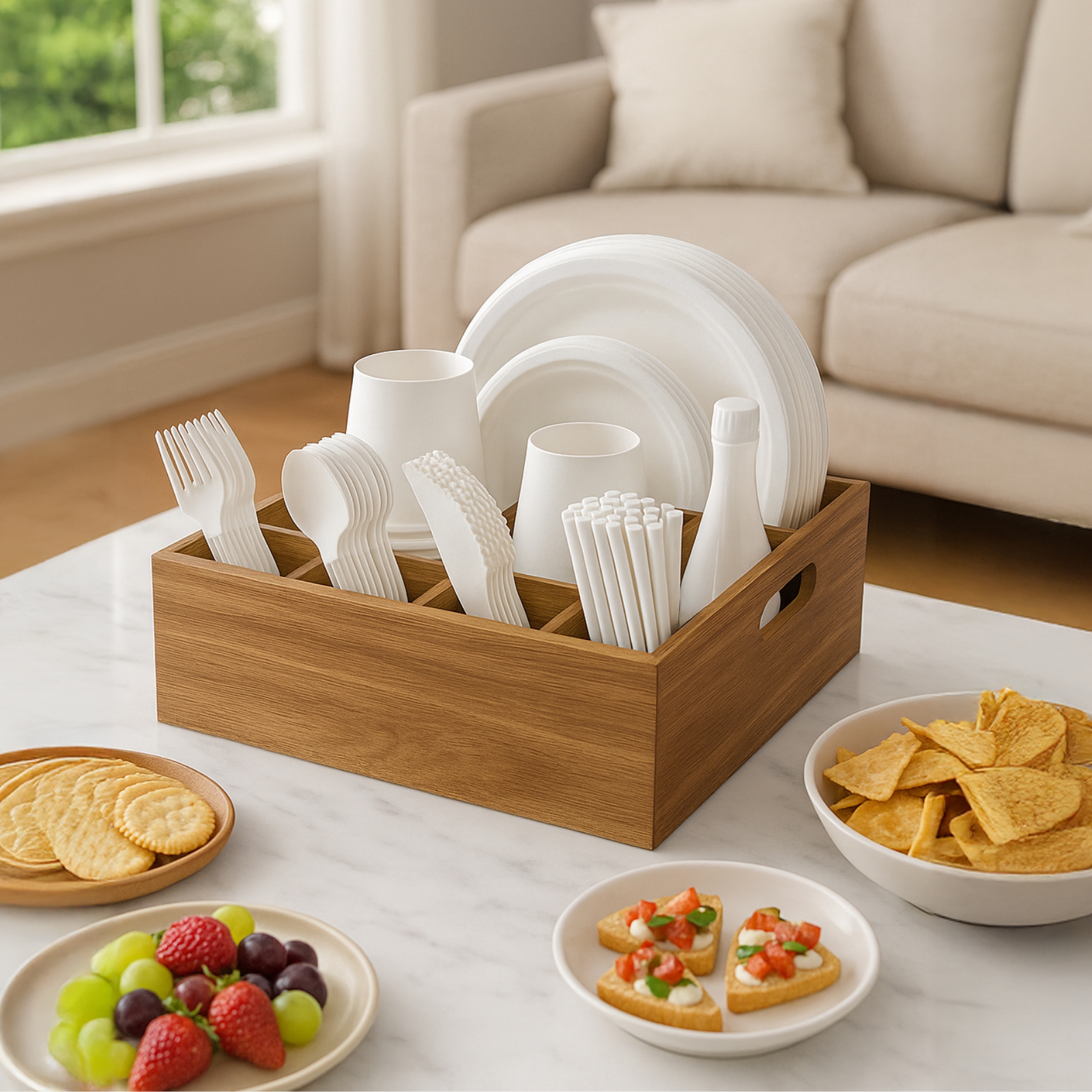 Wooden Cutlery Holder for Dining Table, Multiple Compartments Organizer Box, Ideal for Parties, Picnic, and Home Use, Features Handles for Easy Movement 11"x10.5"x3.7"