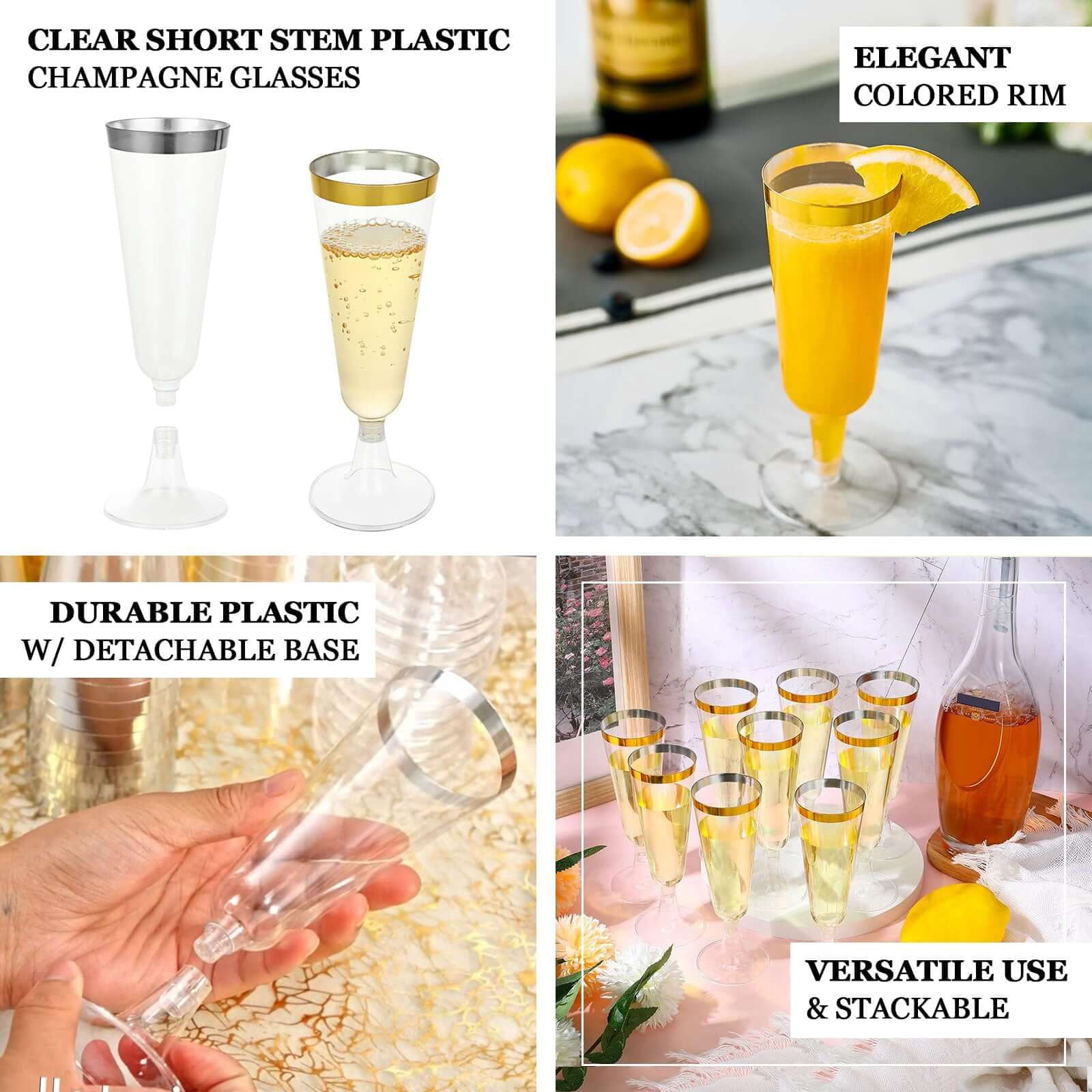Efavormart 60 Pack 5oz Gold Rimmed Clear Champagne Flutes Cocktail Disposable Plastic Glasses For Wedding Banquet Party Events