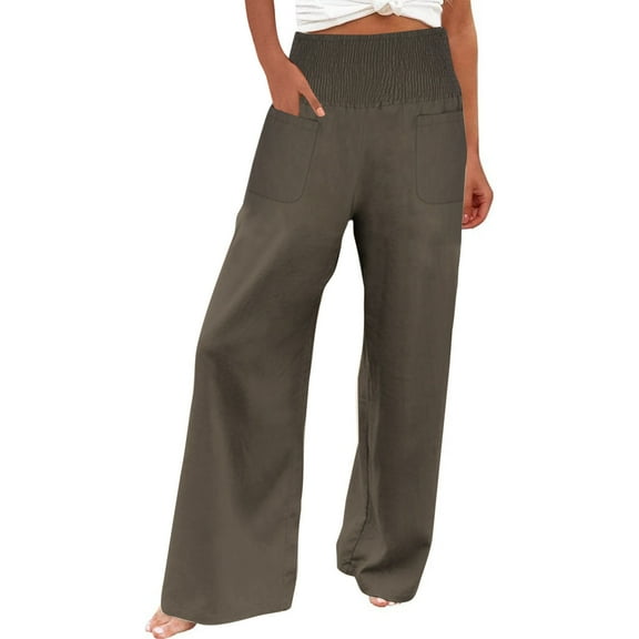 ZQUUVOU Women's Casual High Waist Elasticity Wide Leg Pants Trousers With Pocket Brown