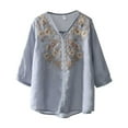 thumbnail image 5 of Blue Tshirts for Women Floral Tops Cotton Linen Shirts Boho Ethnic Style Tee Women 3/4 Sleeve V Neck Button Tunic Tshirt Going Out Tops for Women, 5 of 5