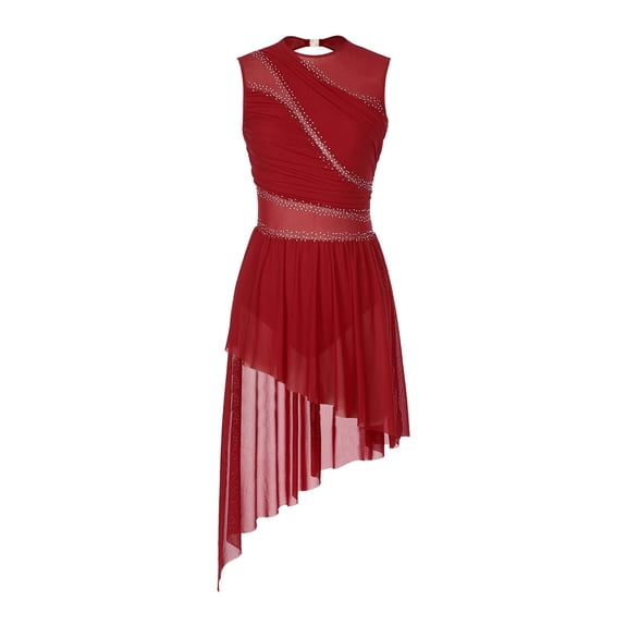 Women Figure Skating Lyrical Dance Costume Sleeveless Irregular Leotard Ballet Dress