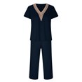 thumbnail image 4 of Scyoekwg Summer Outfits for Women 2 Piece Loose Trendy Sweatsuits Sets Solid Color Short Sleeve V-Neck Crochet Lace Trim Tops Wide Leg Pants Casual Tracksuit (Navy,XL), 4 of 8