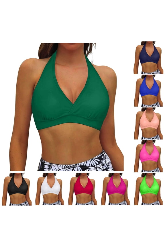 Womens Deep V Halter Solid Color Front Wrap Ruched Padded Bikini Top Soft Support Swim Top Simple Basic Swim Tops For Seaside Summer Travel Soft Swimwear XXL