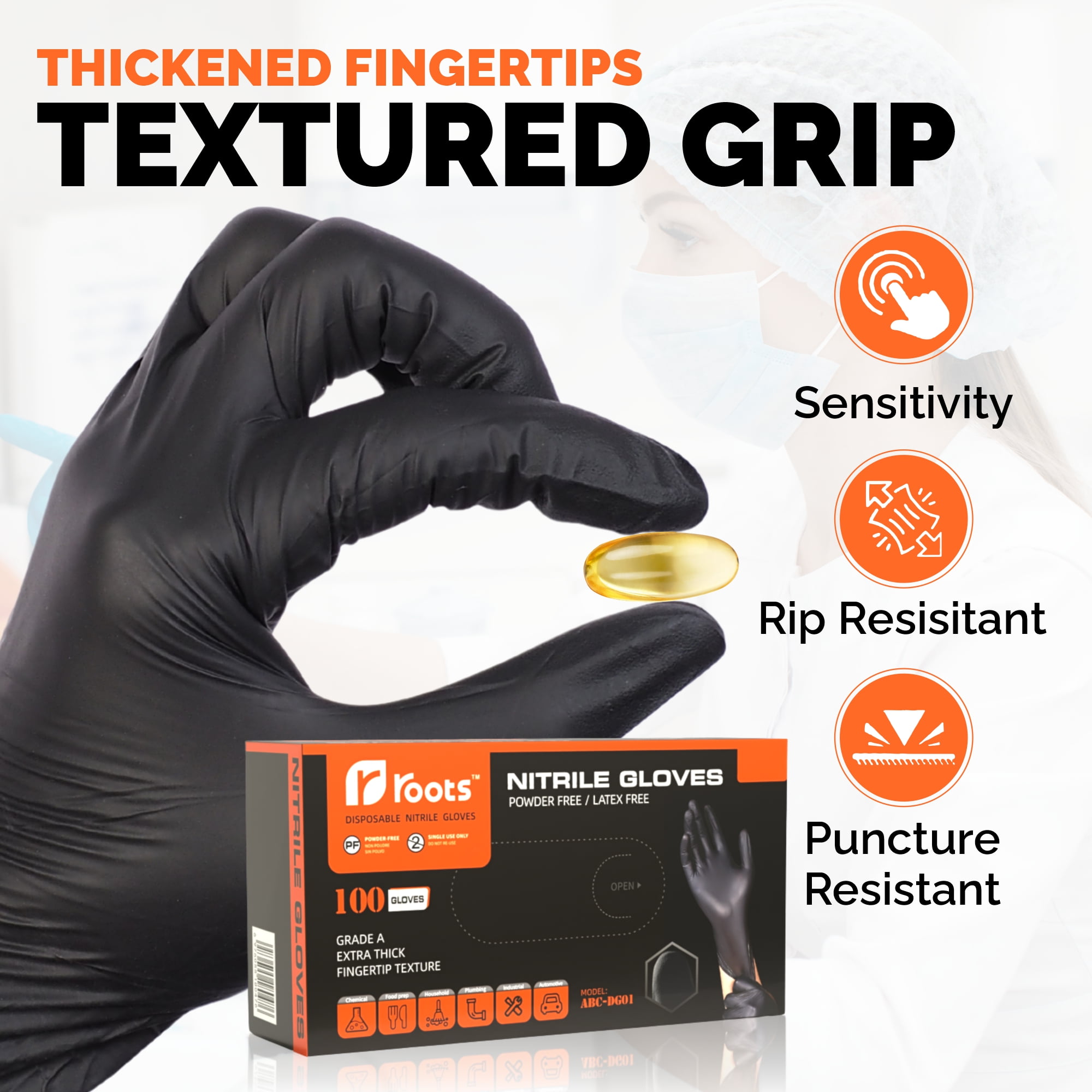 Roots Latex-Free Nitrile Disposable Gloves Box Set, Black, 100 Count