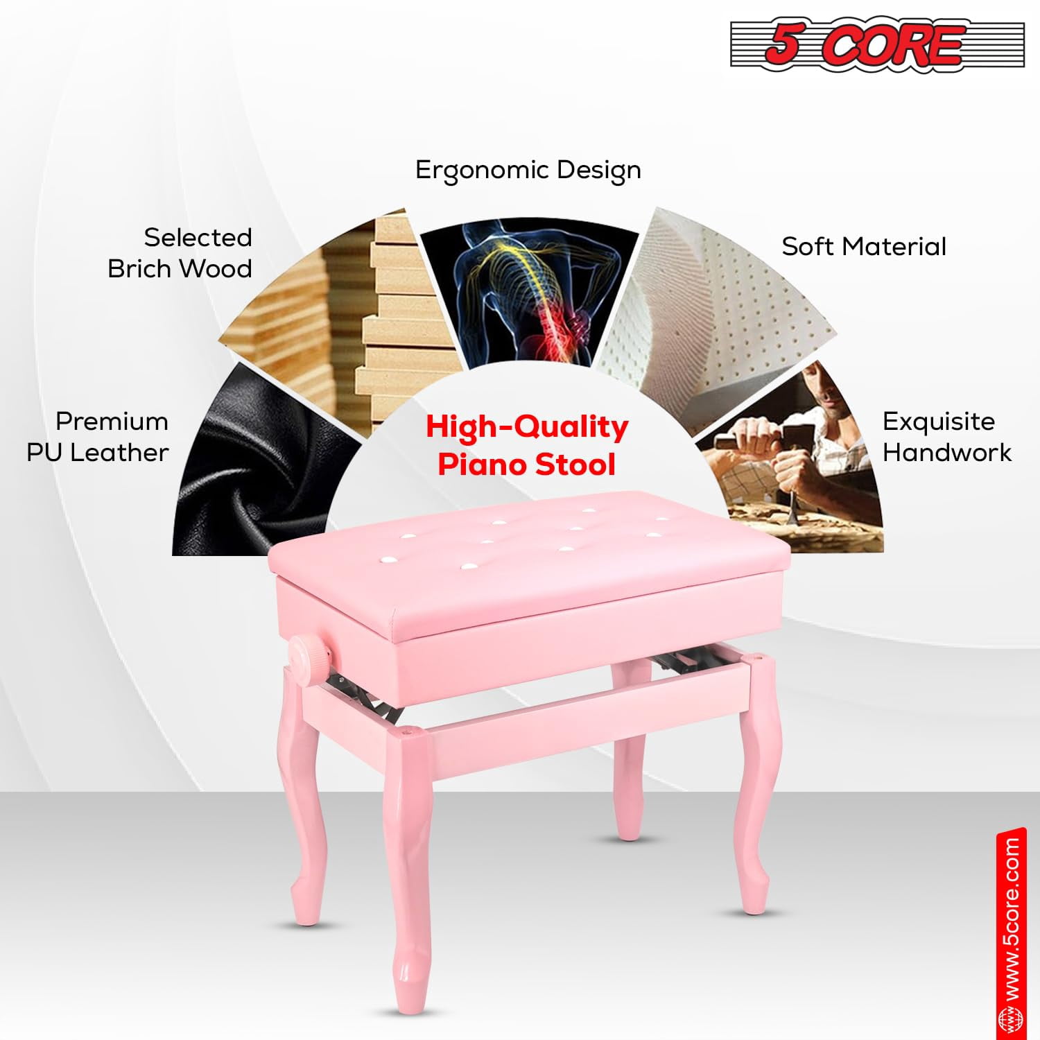 5 CORE Piano Bench with Storage Thick Padded Cushion 3 Inch Adjustable Height Solid Wooden Keyboard Musician Seat with PU Leather Cushion Cherry Pink - PNB WD HD PNK