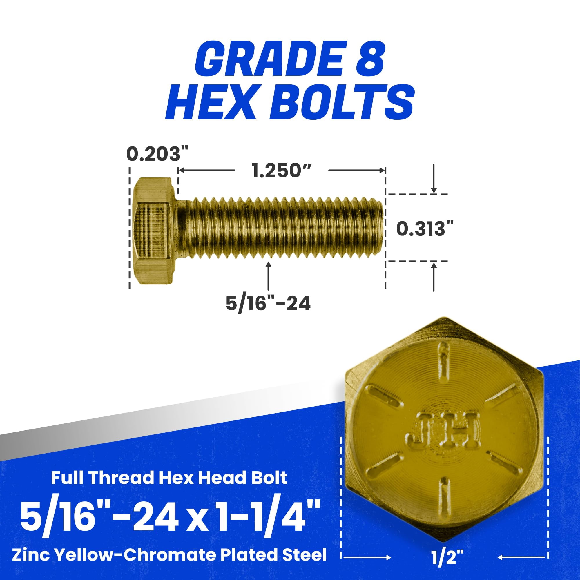 Fastenere 5/16"-24 x 1-1/4" Hex Bolts Grade 8 Zinc Yellow-Chromate Plated Steel, Fully Threaded Durable Hex Bolts for Machinery & Construction, Rust-Resistant, Heavy-Duty Fasteners, Pack of 25