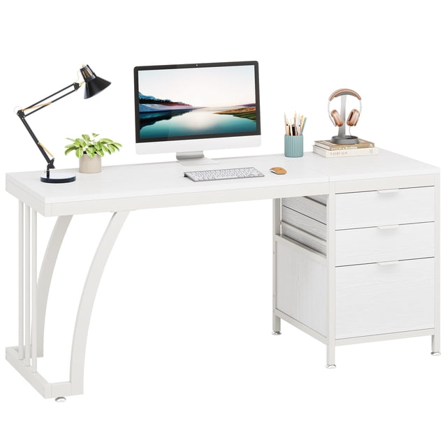 Fnova 59'' Computer Desk, Home Office Writing Table with 3 Reversible Drawers, Industrial File Storage Desk, Sturdy Metal Frame with Adjustable Feet, for Home Office & Study