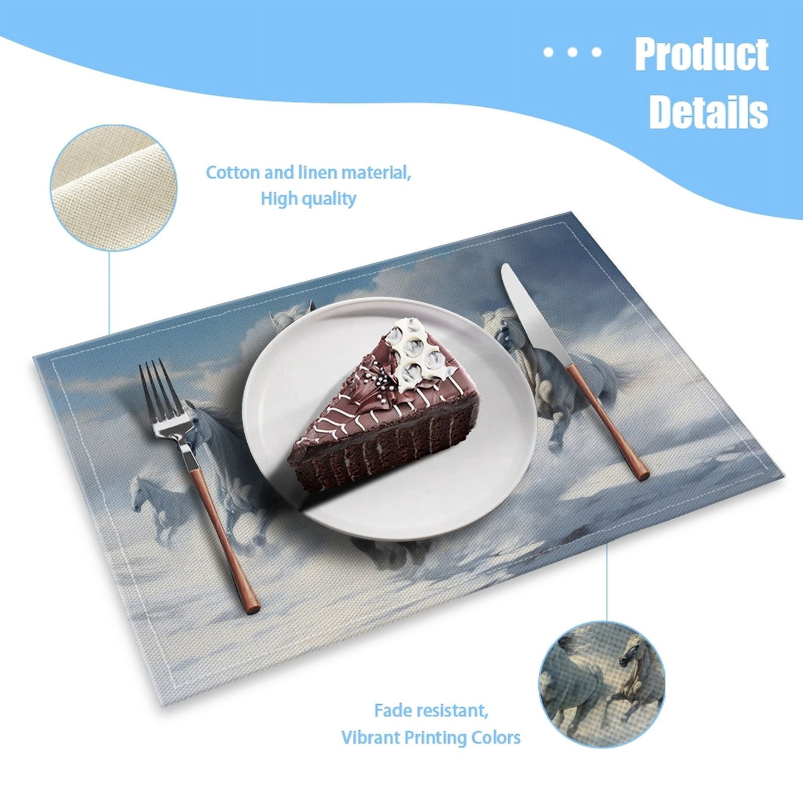Bahomeck Placemats Set Of 4 Rectangle Linen Cotton Placemats For Dining Table Fade Resistance Washable Heat Resistant，18*12Inch,Group Of White Horses Galloping In The Snow