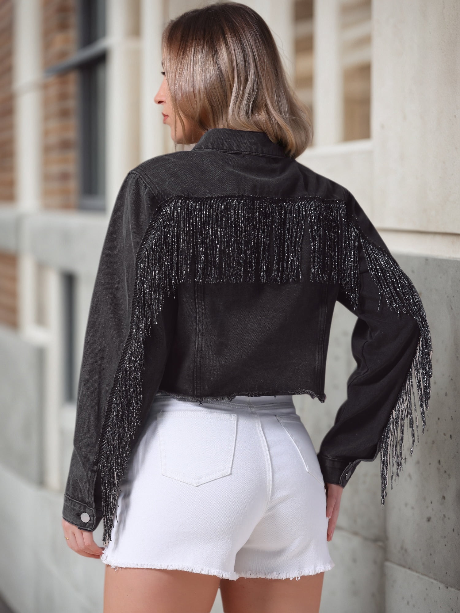 DARING DIVA Women's Cropped Jean Long Sleeve Frayed Tassel Fringe Denim Jacket L Black
