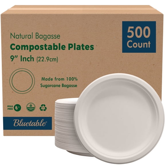 Paper Plates Disposable 9 Inch , Compostable Bagasse [500 Pack] Bulk Case , Made from 100% Sugarcane Biodegradable Dinner Plate