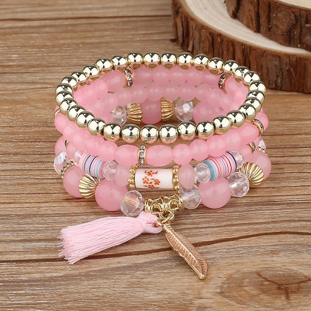 1pcs pulsera de cuentas de madera bohemia, pulseras de cuentas de cristal, alas colgante borla multicapa joyería elástica joyería de las mujeres Feliz Sencillez
