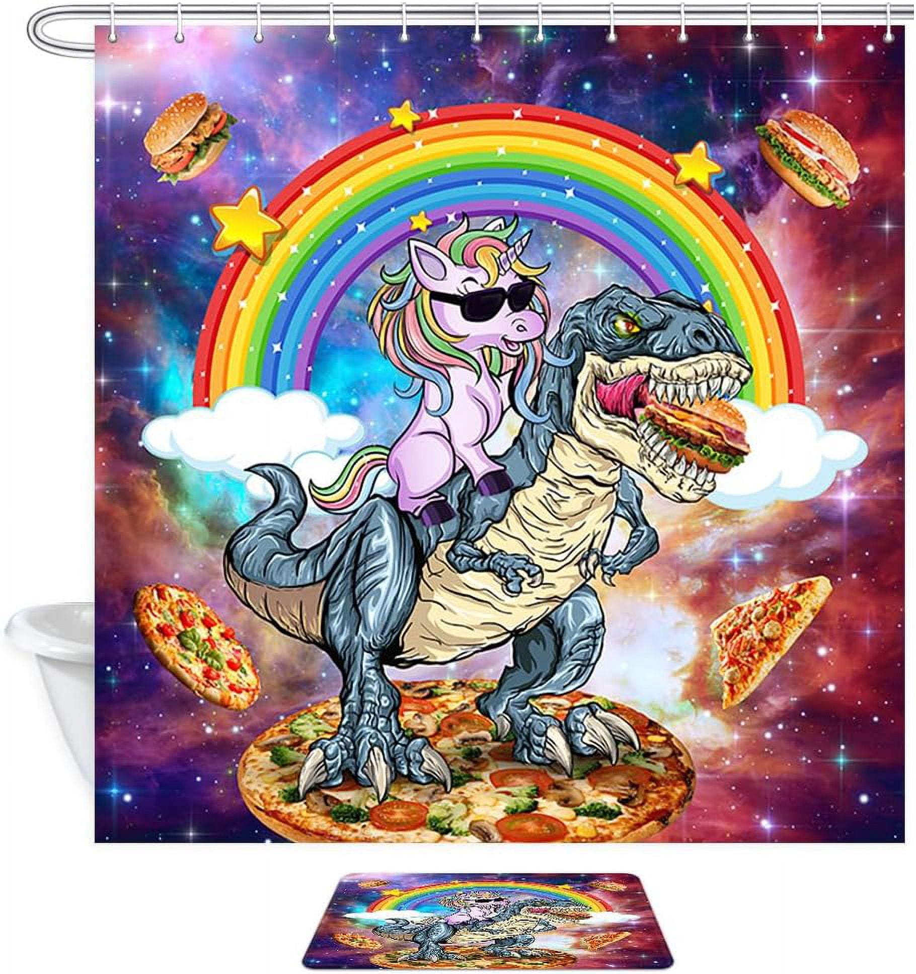 Cute Kids Shower Curtain Sets with Non-Slip Rug Cool Unicorn Riding Dinosaur Shower Curtain Set for Kids, Unicor Bathroom Decor for Kids