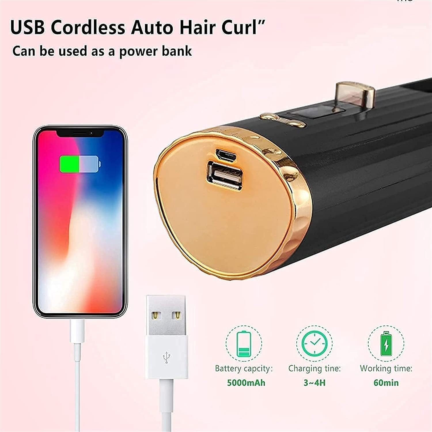 Cordless Auto Hair Curler, Automatic Curling Iron with LCD Display Adjustable Temperature & Timer, Portable Rechargeable Rotating Ceramic Barrel Curling Wand Fast Heating for Hair Styling