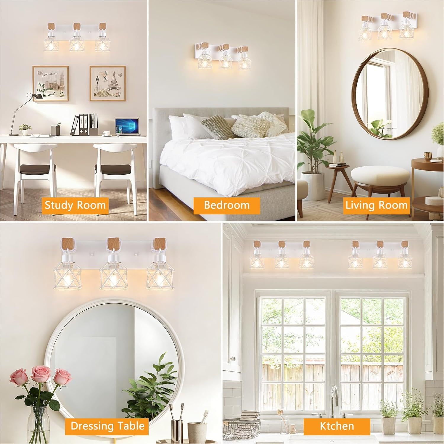 Farmhouse Vanity Light for Bathroom, 3-Light White Wood Bathroom Vanity Light Fixtures Over Mirror, Rustic Sconces Wall Lighting with Metal Lampshade for Living Room, Bedroom, Hallway