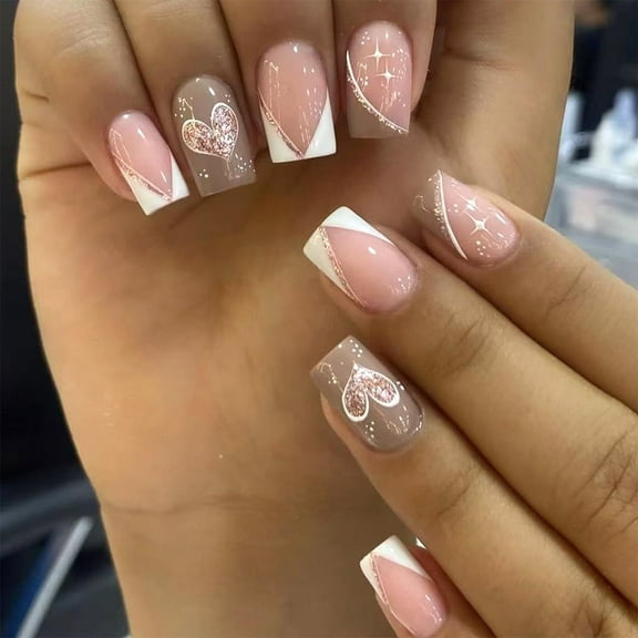 Red Glitter Heart Press on Nails Romantic Fake Nails Medium Square Acrylic Glue on Nails Glossy Stick on Nails for Women DIY Manicure Multicolor Valentines Design 1270