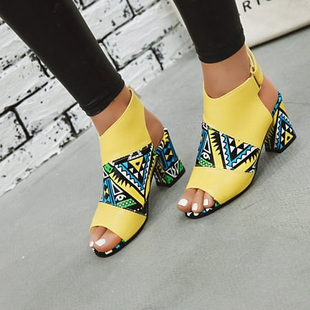 

HIMIWAY Wedge Sandals for Women Women Stylish Print Sandals Boots Peep Toe Hook&Loop Strap Summer High Heel Shoe Yellow 42